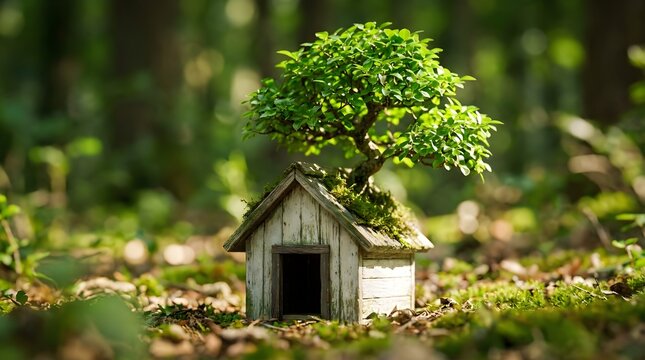 A captivating tiny fairytale home sits peacefully inside a vibrant lush green forest inspiring feelings of enchantment and pure magical delight
