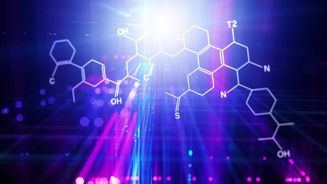 Abstract chemical bond connections on a futuristic glowing blue loop background. Concept science animation.