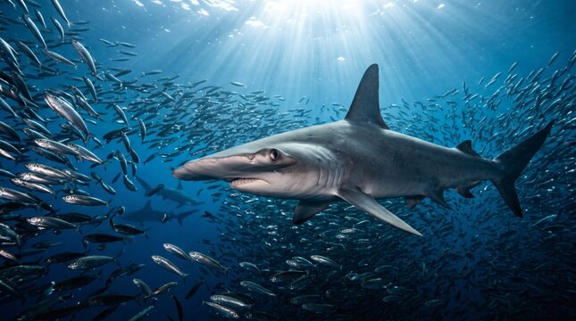 Hammerhead Shark Swimming Through School of Fish in Deep Blue Ocean