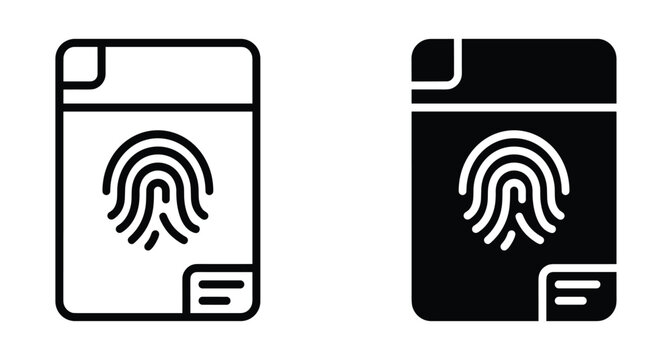 Biometric passport icon set with fingerprint scanner symbol for digital identity verification security and electronic travel document identification access control