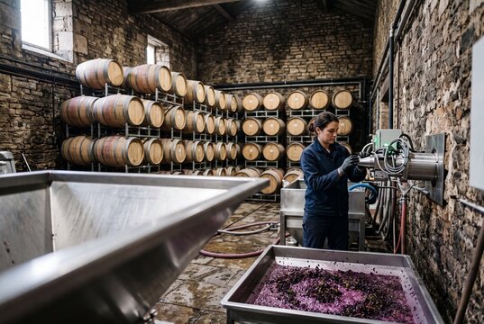 Female winemaker operating stainless steel machinery in a traditional stone winery cellar with stacked oak barrels