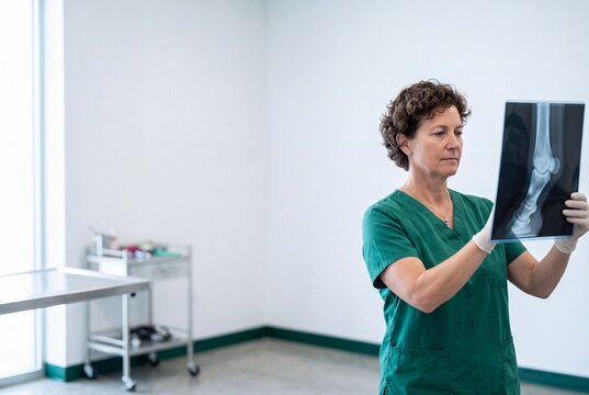 Female veterinarian in green scrubs examining an animal leg x-ray film inside a clinical examination room