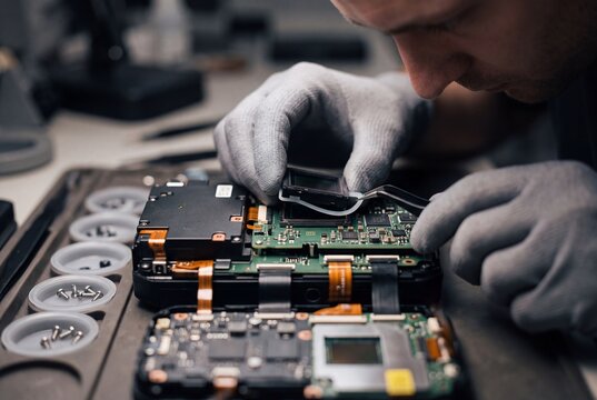 Technician in Protective Gloves Repairing Digital Camera Sensor and Circuit Board in Workshop