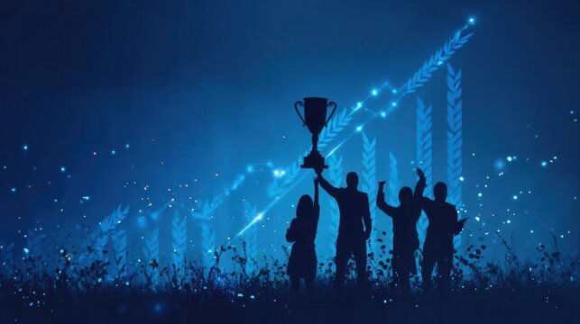 Trophy Celebration Silhouette Over Business Growth Chart