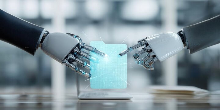 Robotic Hands Transferring Digital File, Data Security Concept