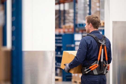 Warehouse worker wearing an ergonomic exoskeleton suit to lift and carry a cardboard box safely