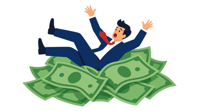 Startled businessman in dark suit falling backwards with outstretched hands into a giant soft heap of green dollar banknotes, financial safety cushion concept vector illustration on white
