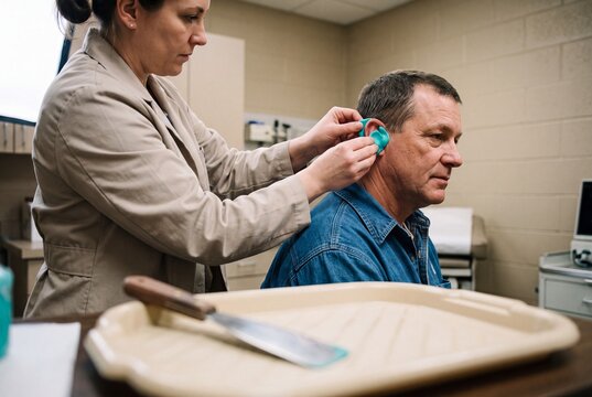 Female audiologist taking an ear impression of a senior male patient for custom hearing aids in a clinic