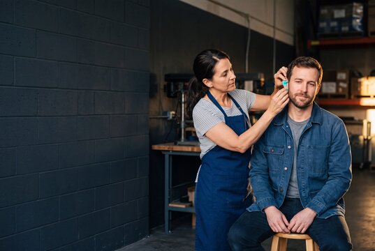 Professional Specialist Fitting Custom Molded Hearing Protection Earplug on an Industrial Worker in a Workshop