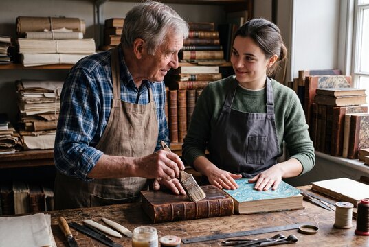 Senior bookbinder and young female apprentice restoring antique leather books together in a traditional workshop