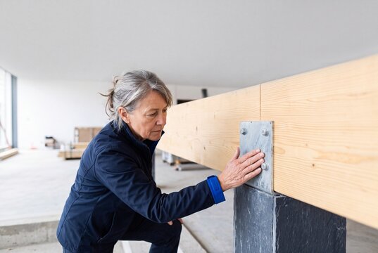 Professional female architect or engineer inspecting a wooden structural beam and metal joint on a modern building construction site