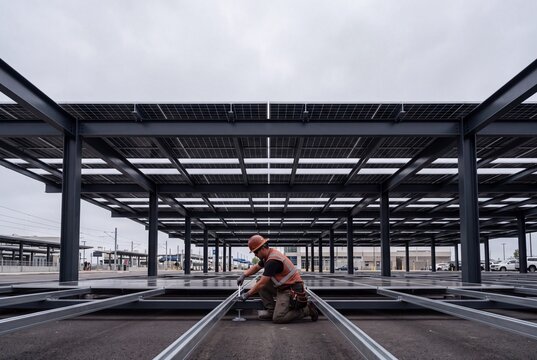 Construction worker installing metal mounting racks for a solar panel carport system in an outdoor facility