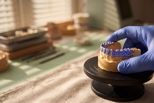 Dental technician in blue glove placing a plaster jaw mold with light projection stripes onto a rotating stand in a laboratory