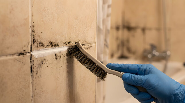 A close-up shot of a gloved hand using a stiff brush to scrub away black mold from dirty bathroom ceramic wall tiles, highlighting deep professional cleaning, sanitization services
