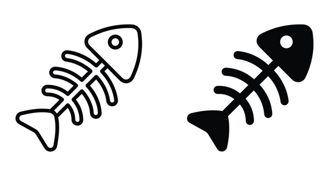 Fish bone skeleton icons set with outline and solid black silhouette styles for seafood waste or fishing industry graphic design