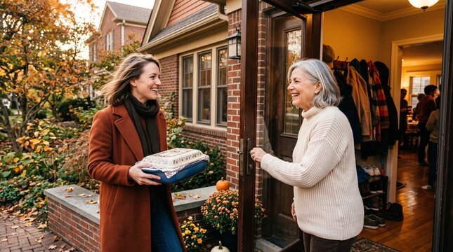 Woman brings food to neighbor during autumn gathering at home
