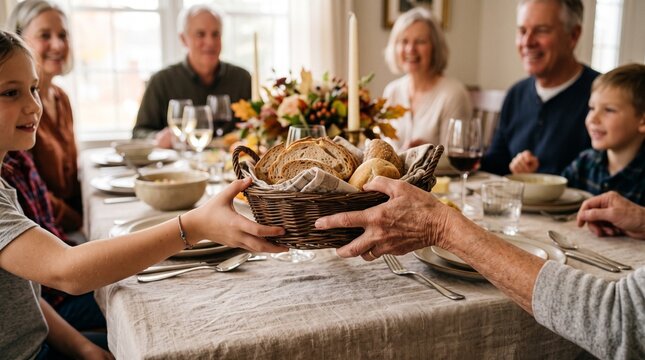Family sharing bread basket at dining table during meal