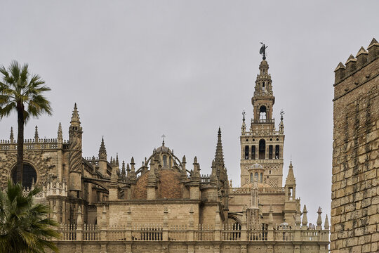 View of the Giralda tower and Seville Cathedral with intricate Gothic architecture, stone walls, and palm trees under a cloudy sky in Andalusia, Spain.
