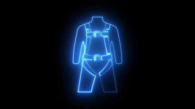 glowing neon safety harness icon isolated on black background. showing fall protection PPE symbol, requirements for construction sites, industrial workplaces, elevated work areas, and worker safety.