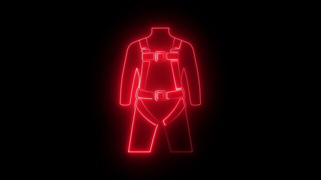 glowing neon safety harness icon isolated on black background. showing fall protection PPE symbol, requirements for construction sites, industrial workplaces, elevated work areas, and worker safety.