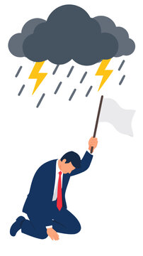 A defeated businessman kneeling on the floor waving a white surrender flag under a dark storm cloud with lightning in a flat vector illustration styled in navy blue, charcoal, and bright yellow
