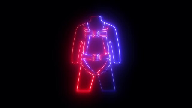 glowing neon safety harness icon isolated on black background. showing fall protection PPE symbol, requirements for construction sites, industrial workplaces, elevated work areas, and worker safety.