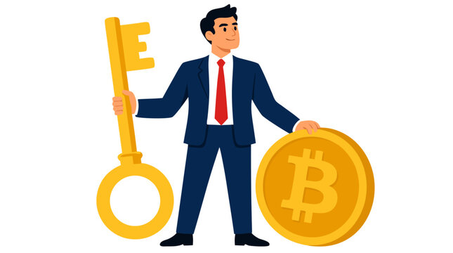 Proud businessman in a tailored navy suit holds an upright golden key beside a large gold cryptocurrency coin representing digital wealth in this vibrant flat vector illustration on white