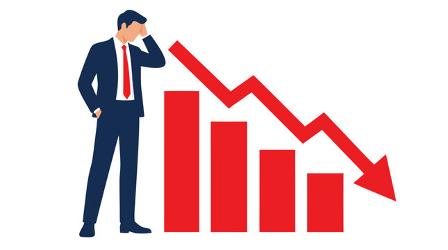 Stressed businessman in navy blue suit clutching his forehead beside a declining red bar chart with descending arrow in a graphic flat vector illustration depicting financial crisis
