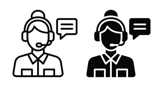 Customer service representative icon set featuring female call center agent with headset and speech bubble for support help desk communication assistance