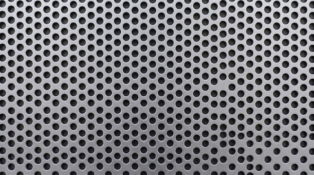 Perforated metal texture with circular holes, industrial silver steel background, brushed aluminum mesh surface for architectural design and technology