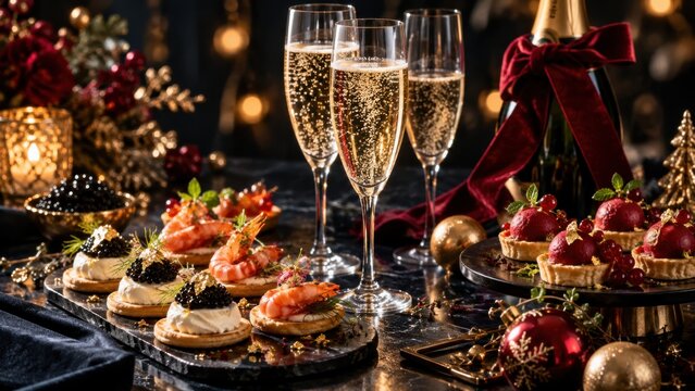 Festliche Weihnachtstafel mit Champagner, Kaviar, Garnelen und edlem Fingerfood zwischen roten und goldenen Dekorationen. Luxuri&ouml;ses Arrangement f&uuml;r Weihnachten und Feiertage.