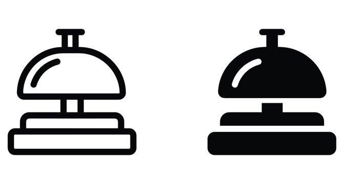 Hotel reception bell icon set featuring outline and solid black styles for service desk assistance concierge and hospitality travel industry