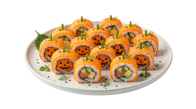 Pumpkin sushi rolls with avocado and cucumber for fun festive Halloween party food delight.