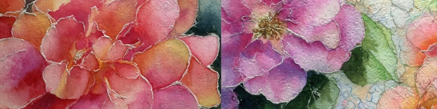 Watercolor Floral Art Red, Pink, Purple Flowers with Silver Outlines
