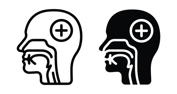 Human head profile icon showing respiratory system nasal cavity mouth throat and medical plus sign for healthcare and clinical diagnosis
