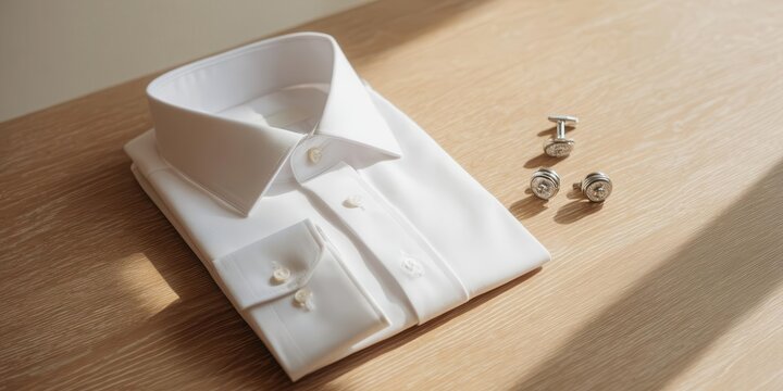 Elegant White Shirt and Cufflinks on Wooden Surface