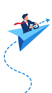 Businessman steering large light blue paper airplane along dotted ascending flight path with steering wheel, flat vector illustration of agile corporate business steering on white backdrop