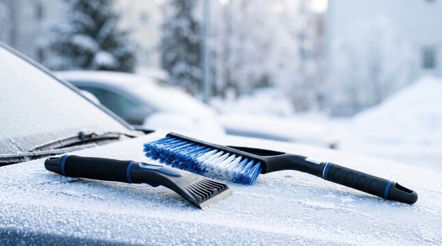 Ice scraper and snow brush with blue bristles on snowy car hood, frosted windshield behind. Winter car care, ice removal and cold season auto accessory concept