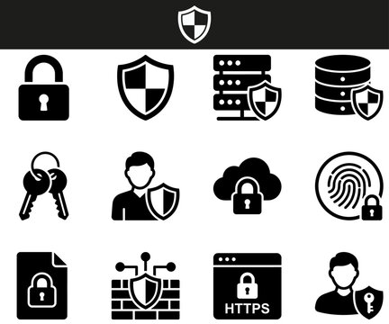 Cybersecurity flat icons set with padlock shield and user profile on white background