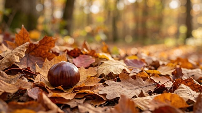 Glossy brown chestnut lying on fallen maple and oak leaves in sunny autumn forest. Horse chestnut, conker, nut and seed harvest, fall nature closeup with warm background
