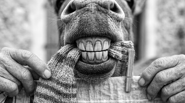 Grinning Donkey Caught Red Handed at the Clothesline