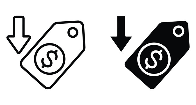 Price reduction icon set featuring dollar sign tags with downward arrows representing discount sales lower costs and financial savings offers