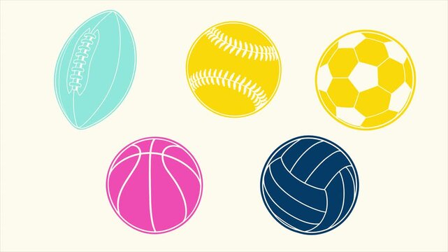Animated colorful sports balls gently rotating loop with football, baseball, soccer, basketball and volleyball