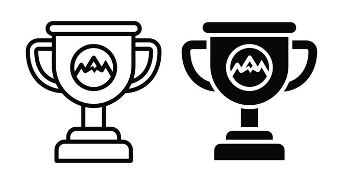 Trophy cup award icons with mountain peak symbol representing achievement success climbing summit competition victory outdoor sports hiking challenge winner prize