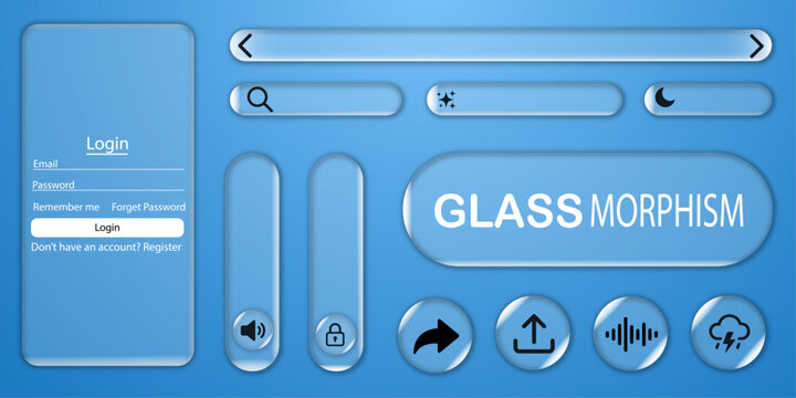 Collection of translucent glass website interface elements on a blue background
