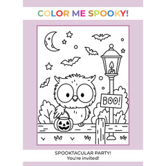 Obraz premium Cute halloween owl holding pumpkin basket color-in spooky celebration party invitation template