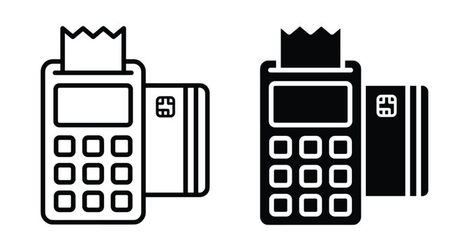 POS terminal icon set with credit card and receipt paper roll for electronic payment processing and retail transaction business services