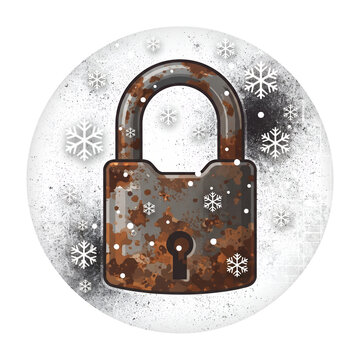 Rusty padlock illustration features falling snowflakes to represent frozen security and winter protection concepts.