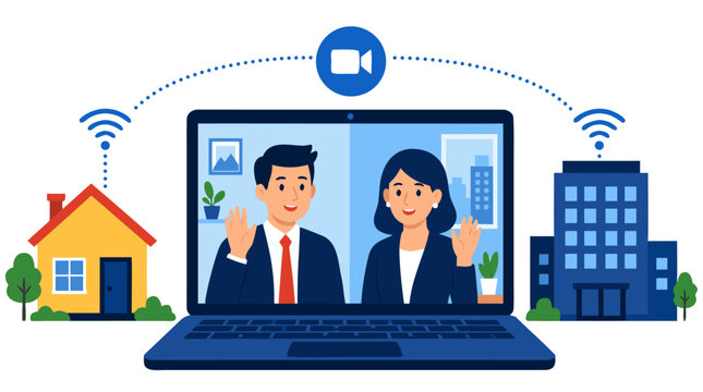 Remote colleagues wave to each other during a split video conference on a laptop connected between a home and office building in this telecommuting business concept vector illustration on white