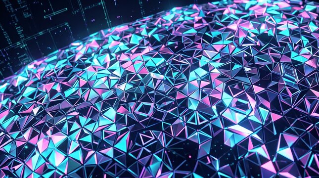 Futuristic low poly geometric background, neon purple and blue crystalline texture, abstract digital data network surface for technology concepts